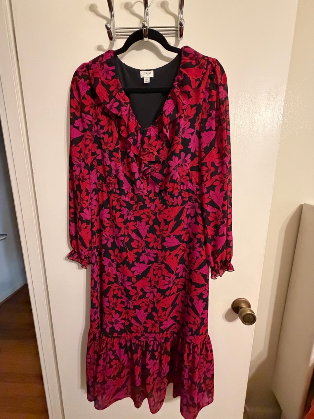 J. Crew Pink and Red Floral Ruffle V-Neck Long Sleeve Dress